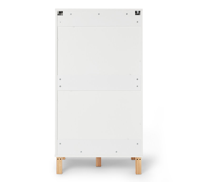 Vue arrière d'une armoire blanche avec des pieds en bois.