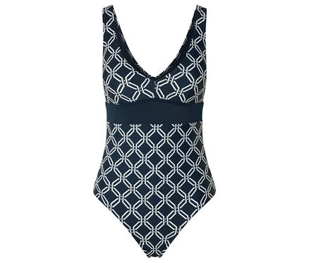 Maillot de bain bleu marine et blanc à motif géométrique.
