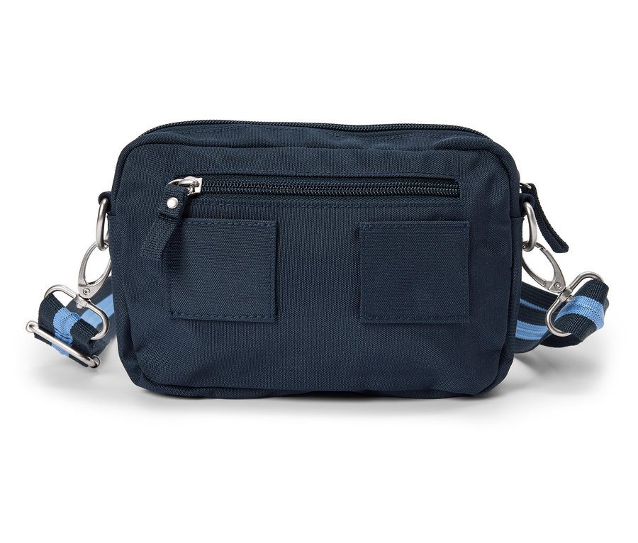 Sac banane bleu marine avec une sangle rayée bleu et blanc.