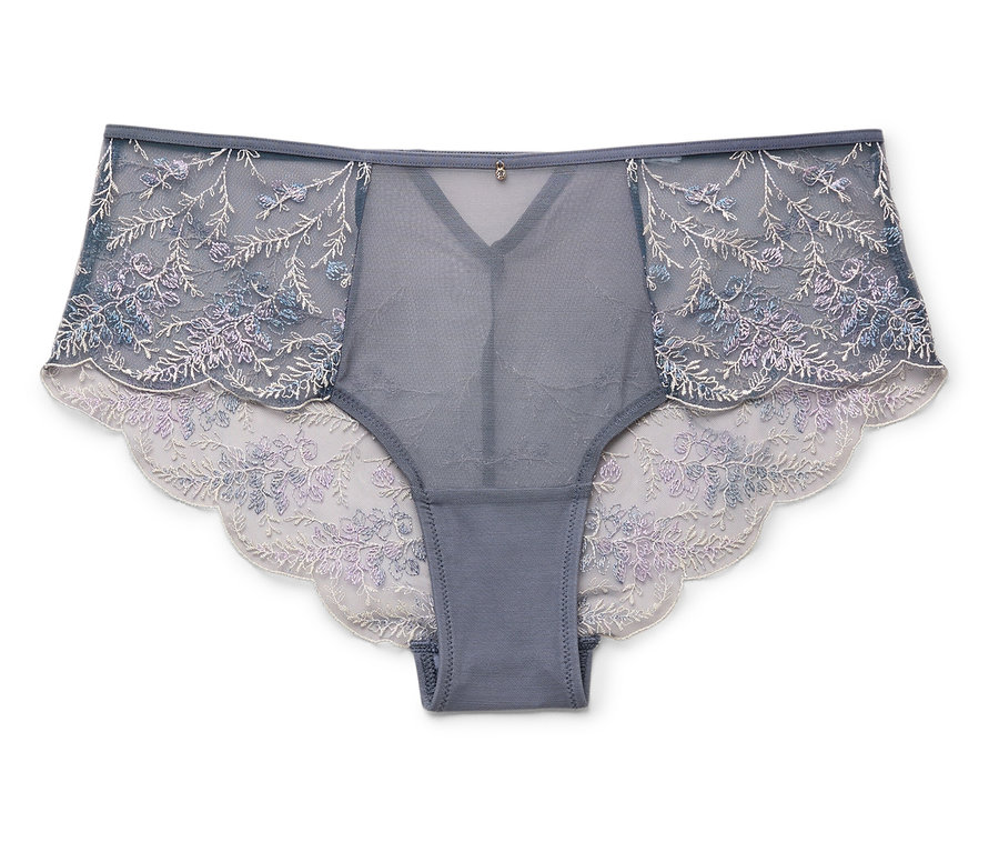 Culotte grise en dentelle à motifs floraux avec résille transparente sur fond blanc.