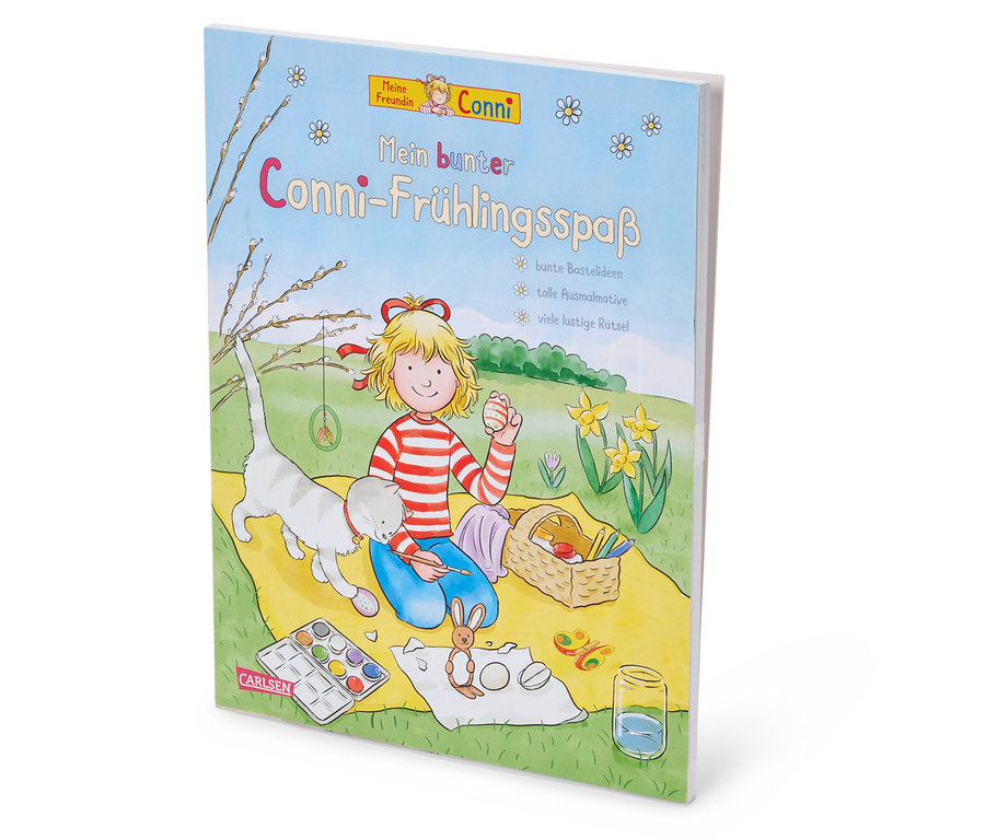 Couverture du livre "Mein bunter Conni-Frühlingsspaß" de Carlsen, montrant une fillette blonde peignant des œufs de Pâques sur une couverture jaune avec un chat.