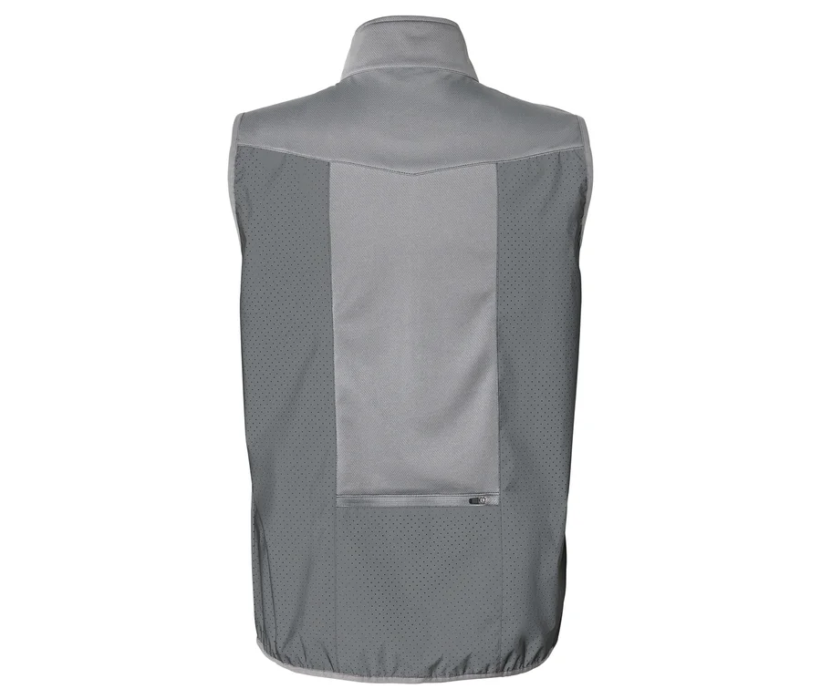Vue arrière d'un gilet gris sans manches avec des panneaux latéraux perforés et une poche plaquée zippée.