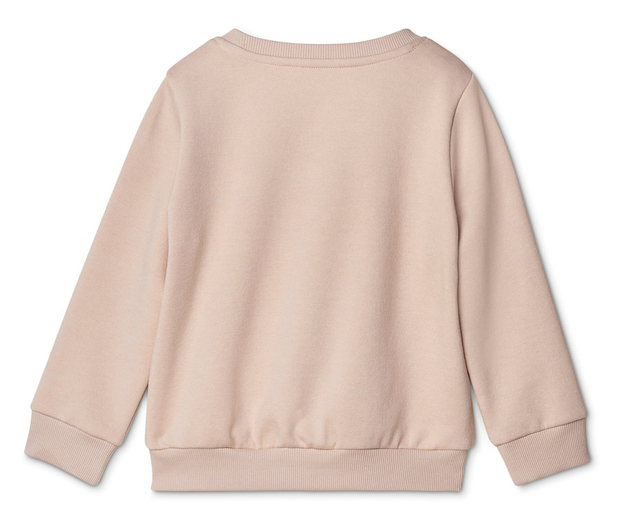 Vue arrière d'un sweat-shirt marron clair à manches longues, col rond et poignets côtelés.