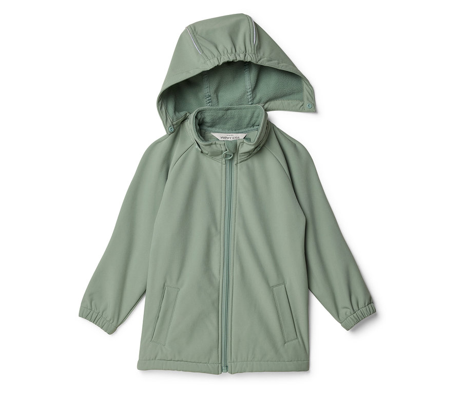 Veste de pluie vert clair pour enfant avec capuche et fermeture éclair sur fond blanc.