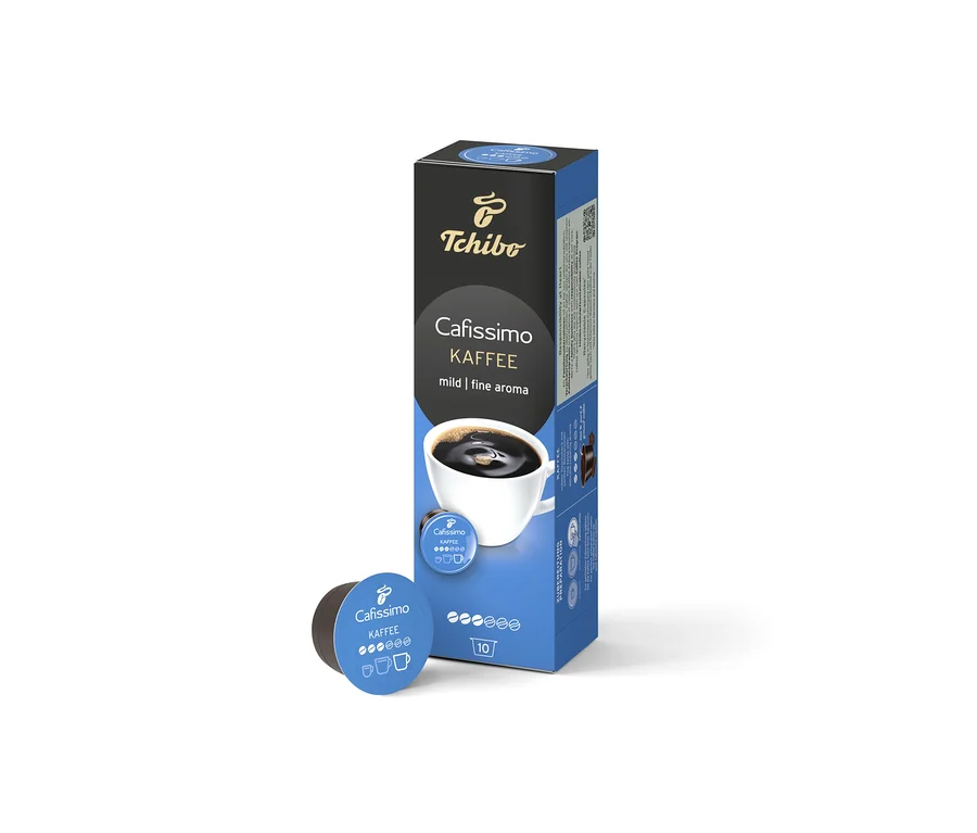 Une boîte de Cafissimo Kaffee mild (doux) – 10 capsules est à côté d'une capsule individuelle.
