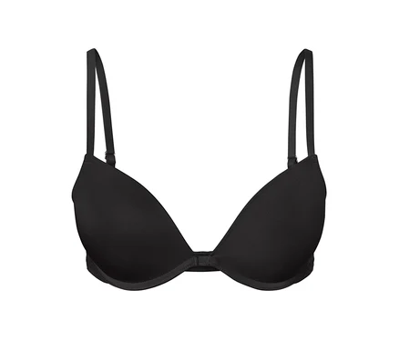 Soutien-gorge noir sur fond blanc.