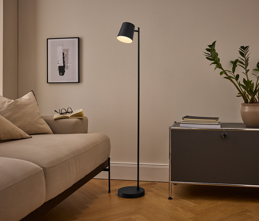Salon confortable avec un canapé beige, un lampadaire noir et un meuble gris foncé. Un livre ouvert et des lunettes sont posés sur le canapé, une plante en pot et des livres sur le meuble. Un tableau abstrait encadré est accroché au mur.