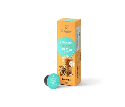 Emballage orange de 10 capsules Tchibo Cafissimo Flavoured Espresso – Toasted Nut avec image de café glacé et une capsule individuelle.