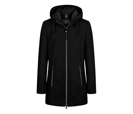 Veste en laine noire Barbara Lebek avec capuche, fermeture éclair intégrale et deux poches zippées.