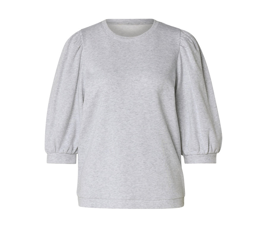 Sweat-shirt gris clair à col rond, manches 3/4 bouffantes et poignets.