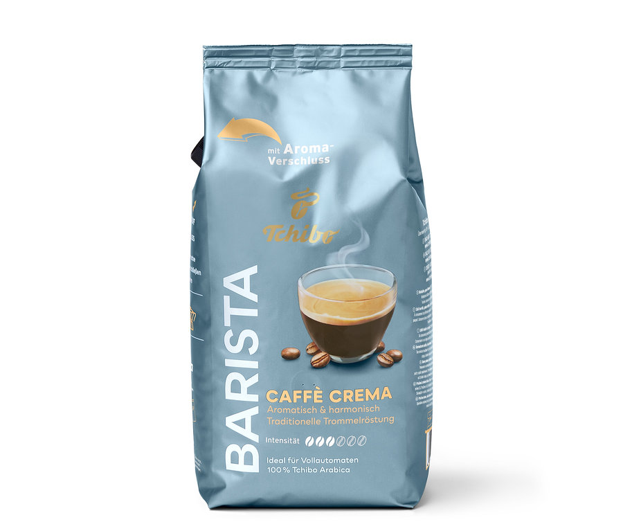 Paquet bleu-gris de café Tchibo Barista Caffè Crema. Une tasse de café et des grains de café sont изображены sur l'emballage.