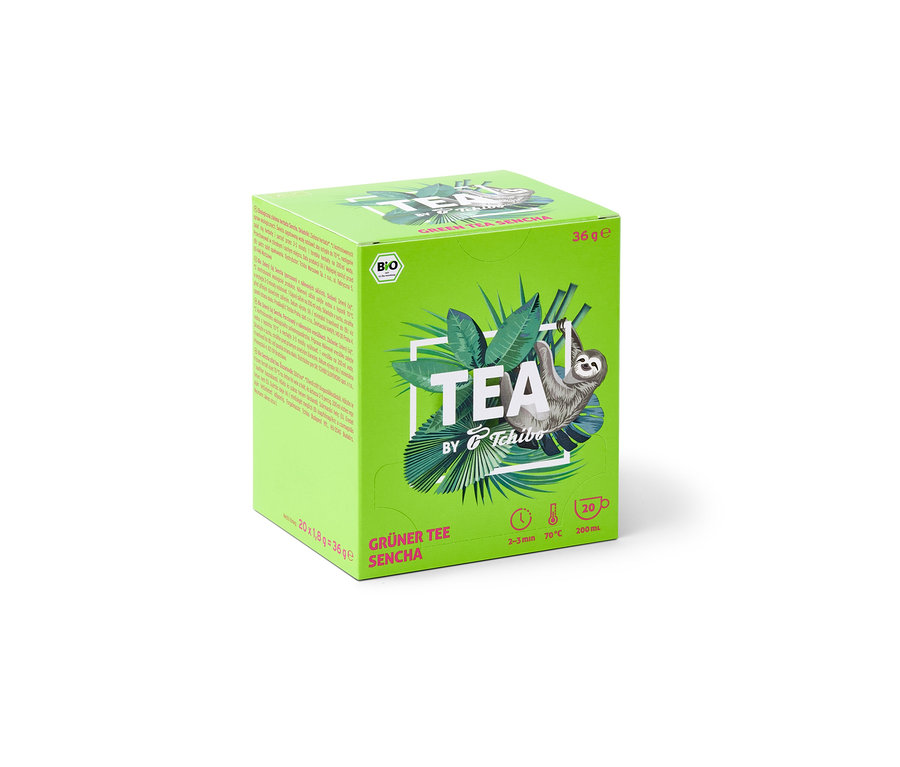 Paquet de thé vert BIO TEA by Tchibo Sencha avec illustration de paresseux.