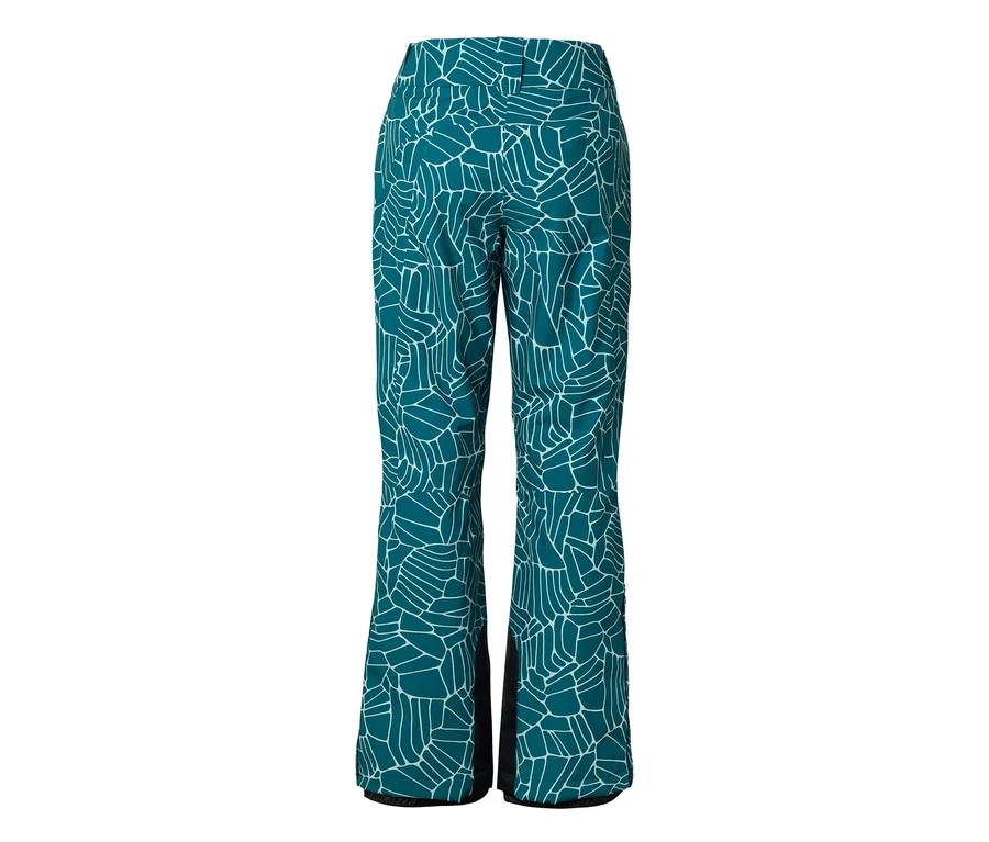 Pantalon de ski turquoise à motif géométrique abstrait blanc, avec une jambe légèrement évasée et des empiècements de renfort noirs aux chevilles intérieures.