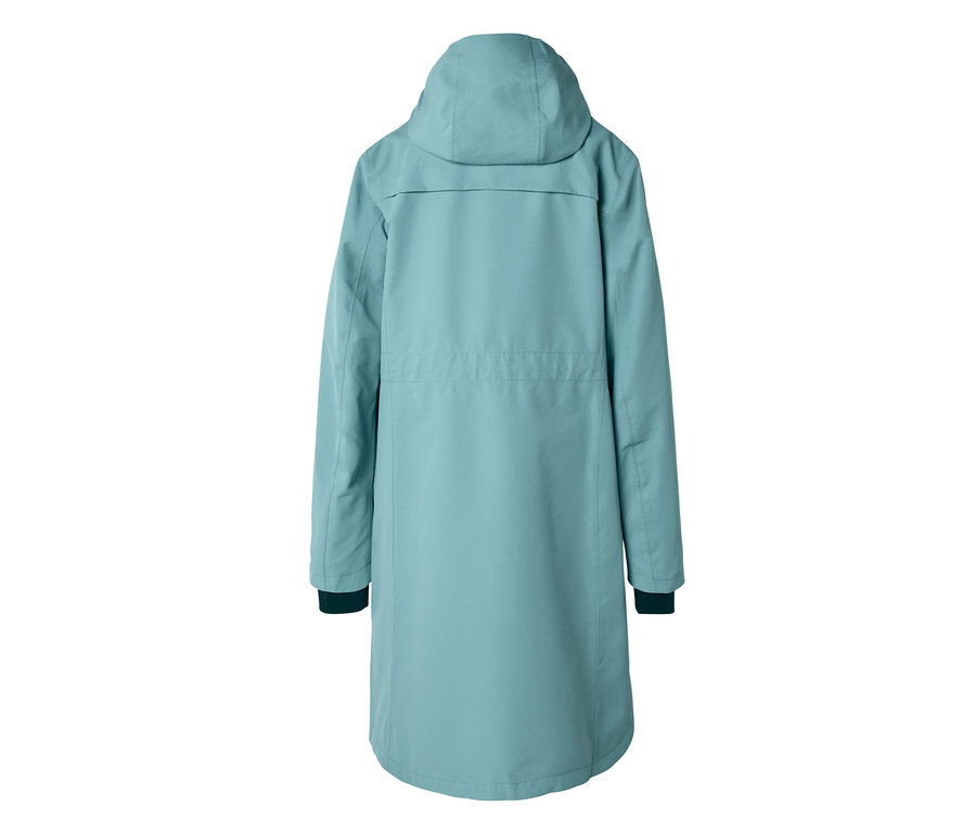 Vue de dos d'un long manteau turquoise clair avec une capuche. Le manteau a des poignets foncés.