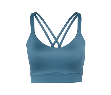 Soutien-gorge de sport bleu avec bretelles croisées.