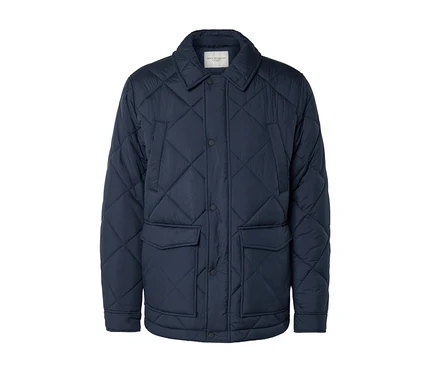 Veste matelassée bleu foncé à motif losanges, col, patte de boutonnage et deux poches à rabat.