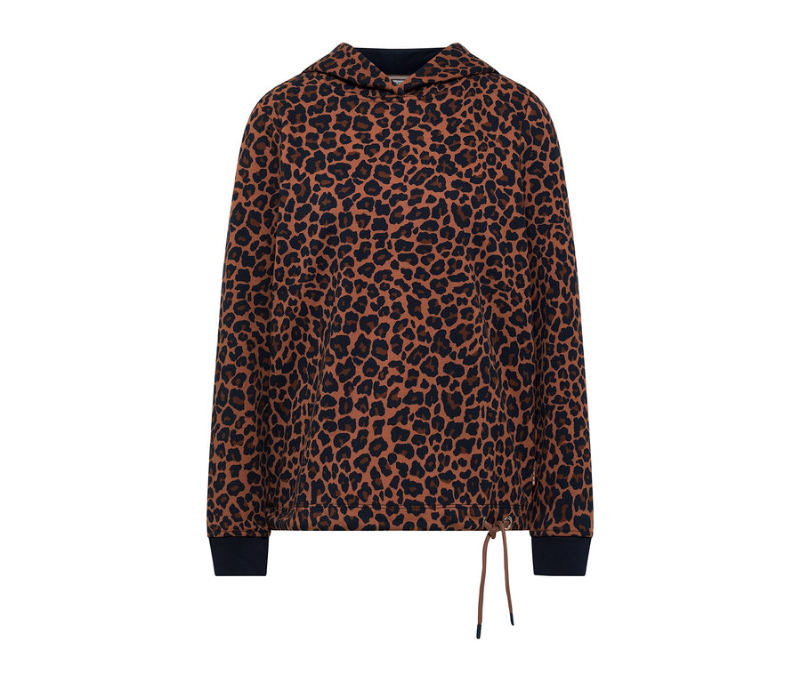 Sweatshirt CECIL marron à motif léopard noir, avec capuche et cordon de serrage à l'ourlet.