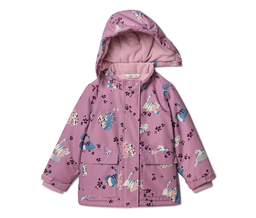 Veste enfant violette à capuche, imprimée de motifs de chats et de fleurs, avec deux poches.