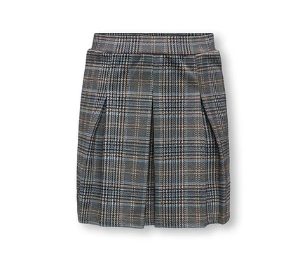 Jupe à carreaux grise, bleue, noire et beige avec des plis sur le devant.