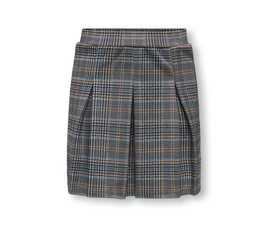 Jupe à carreaux grise, bleue, noire et beige avec des plis sur le devant.