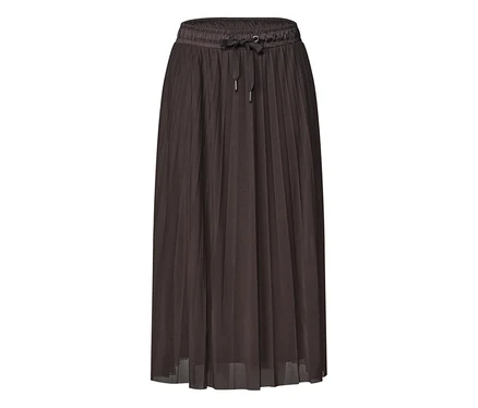 Jupe midi plissée Street One marron foncé avec taille élastique et cordon de serrage.