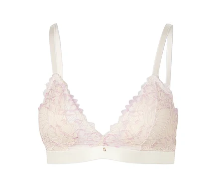 Soutien-gorge ivoire avec un motif de dentelle délicat violet clair et de fines bretelles.