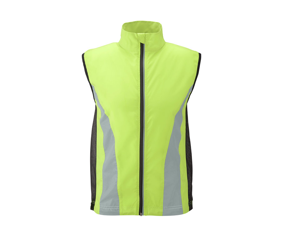 Gilet de sport jaune avec fermeture éclair au centre.