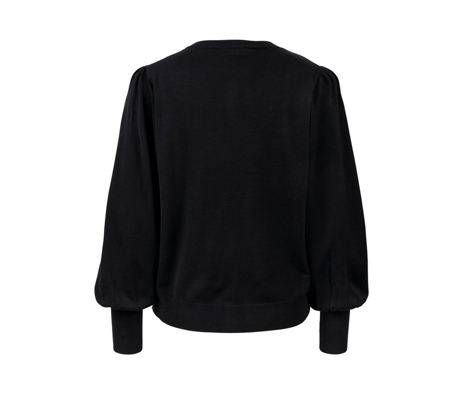 Vue détaillée de l'arrière d'une jaquette noire en maille fine avec manches bouffantes.