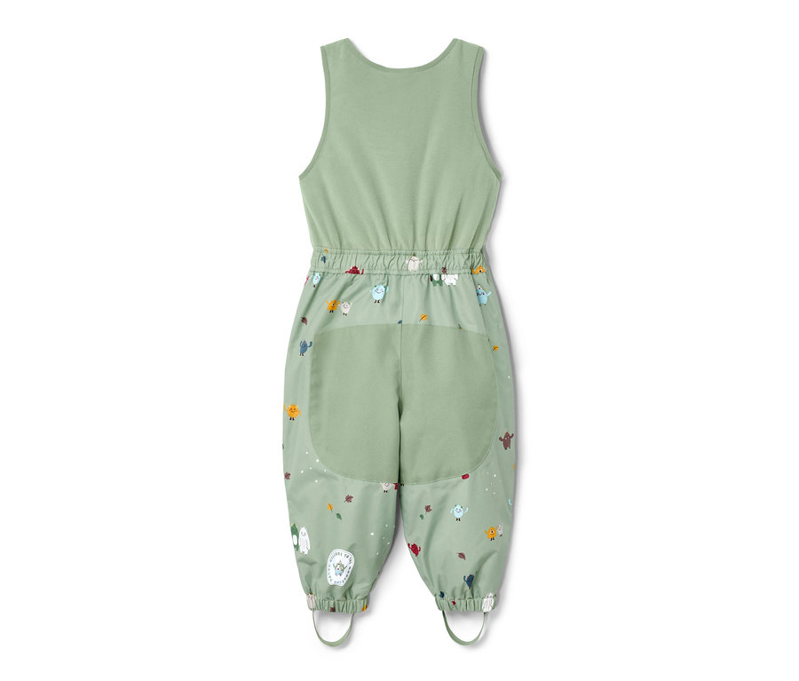 Pantalon de pluie thermique vert avec imprimé de personnages.