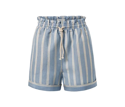 Un short bleu fumé rayé en mélange de lin avec cordon de serrage.