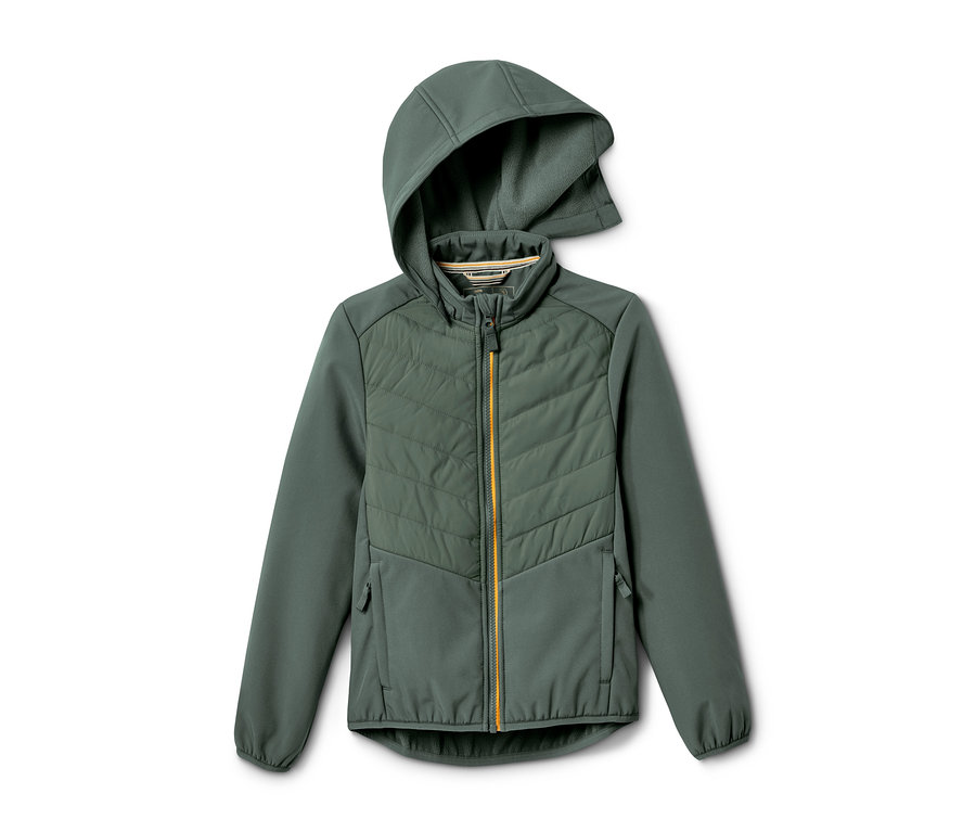 Veste hybride verte à capuche avec fermeture éclair jaune.