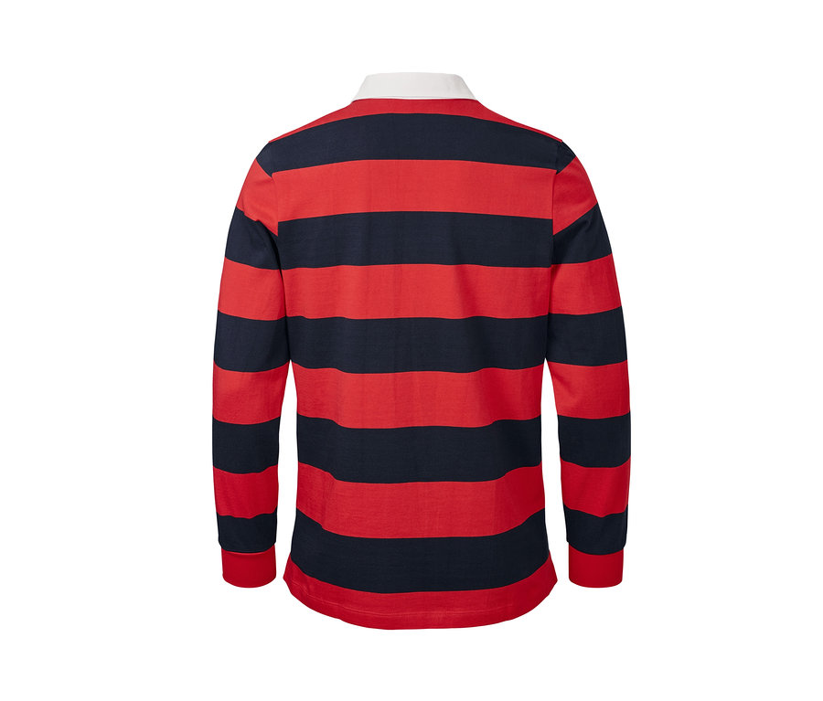 Vue détaillée de l'arrière d'un polo à manches longues bleu marine et rouge.