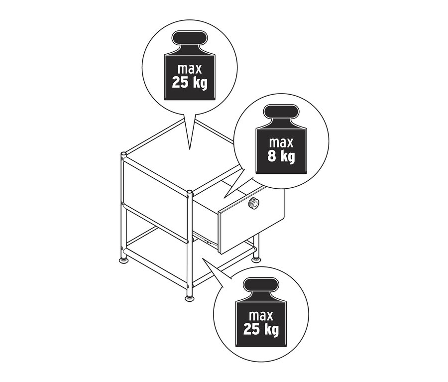 Un dessin au trait d'une table d'appoint avec tiroir en métal « CN3 », taupe, avec des informations sur la capacité de charge maximale.