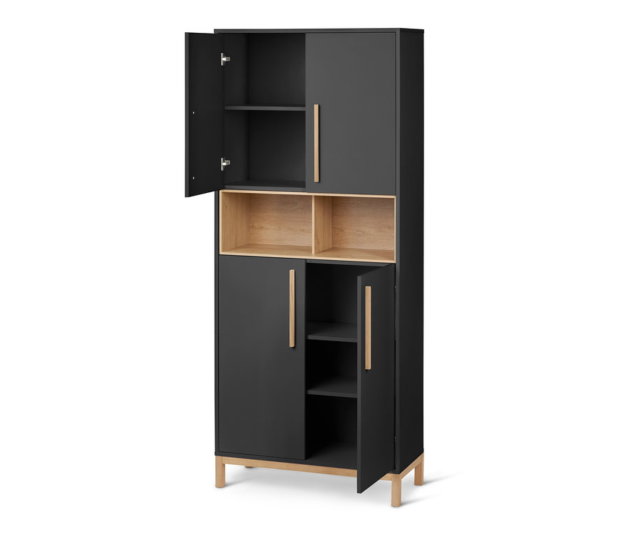 Une armoire haute de salle de bain « Eklund » anthracite avec des portes ouvertes et fermées.