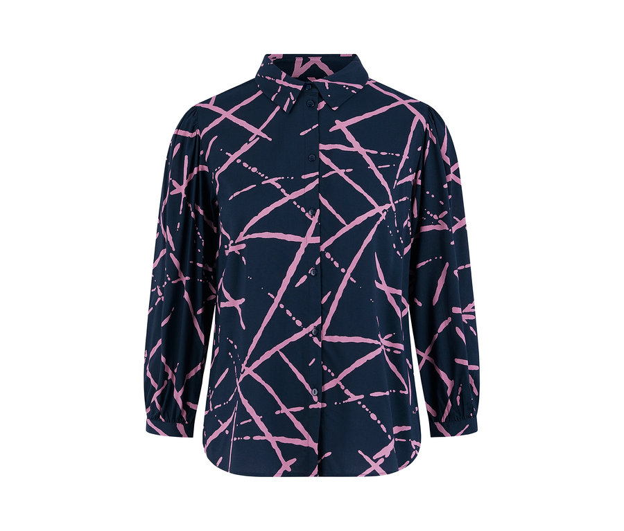 Chemisier bleu marine avec motif géométrique rose.