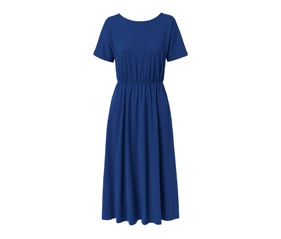 Robe en jersey bleu avec décolleté dans le dos.