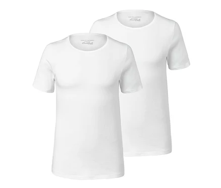 Deux maillots de corps blancs finement côtelés à manches courtes sont présentés.