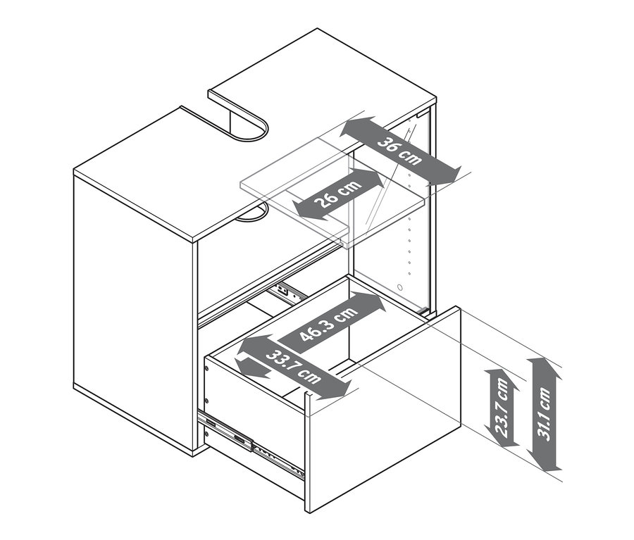 Schéma d'un meuble sous vasque de salle de bain avec les dimensions.