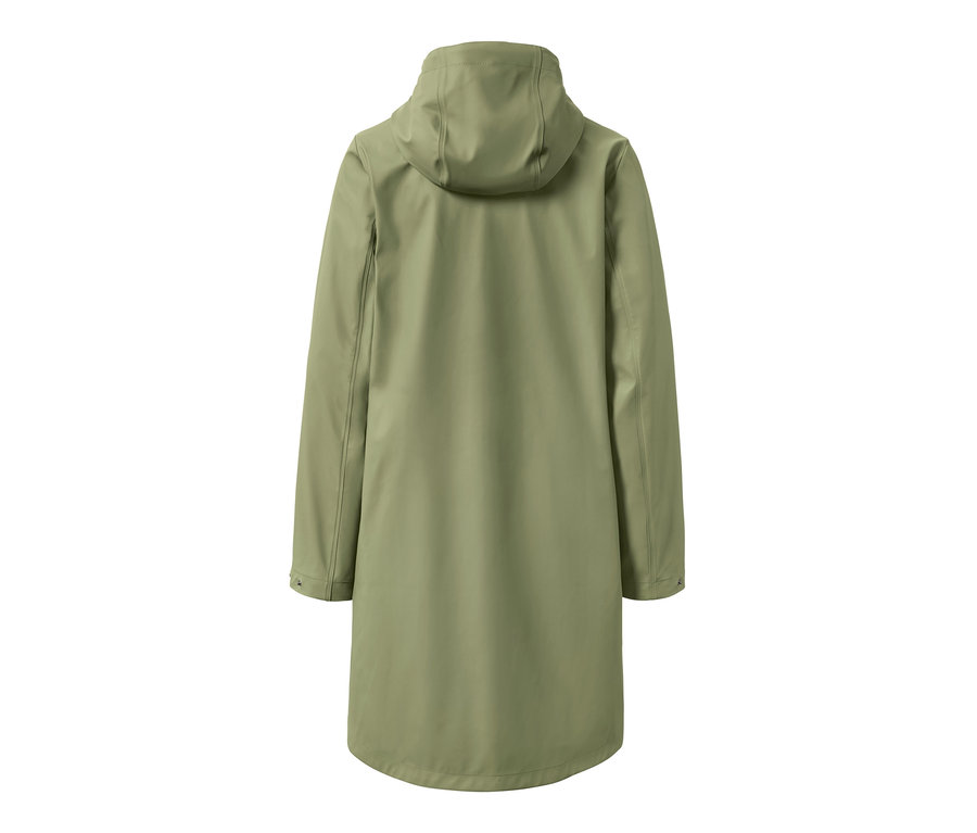 Vue arrière d'une parka de pluie « ciré » olive.