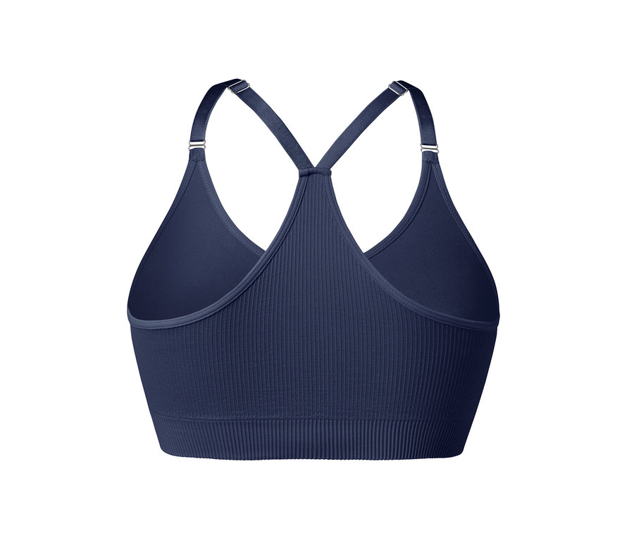 Détail d'une brassière de sport Seamless bleu foncé.