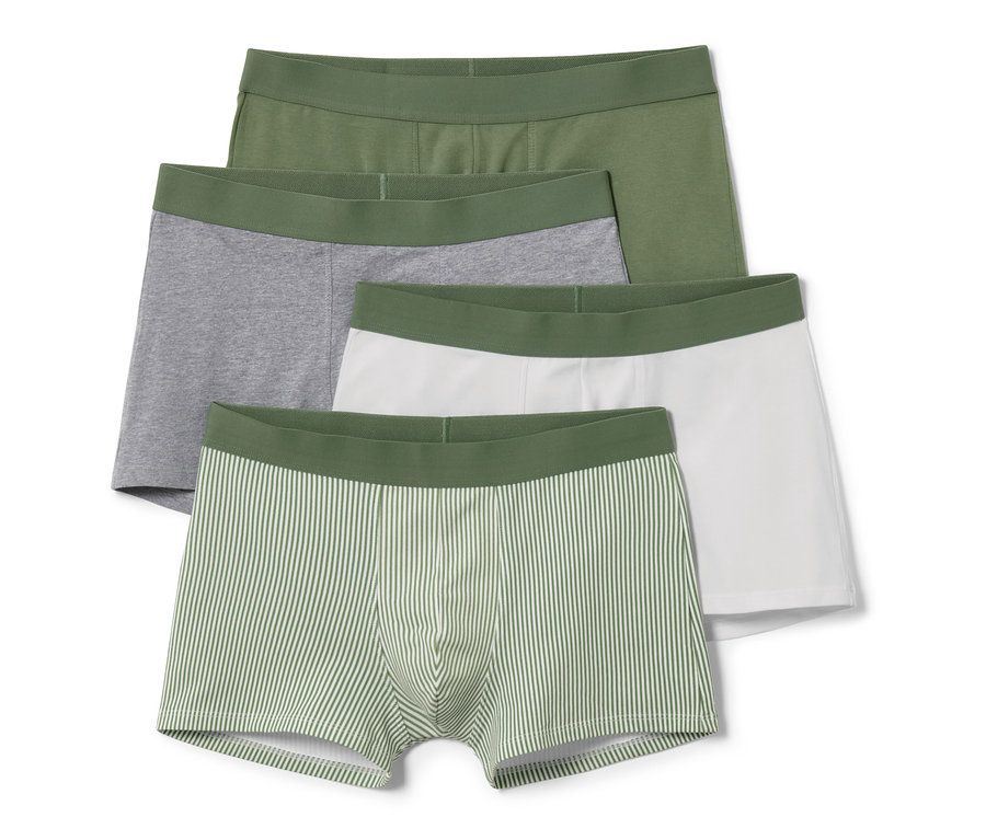 Quatre boxers : olive, gris, blanc et rayé.