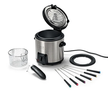 Mini friteuse et ensemble à fondue ouvert avec six fourchettes, un panier et une base noire.