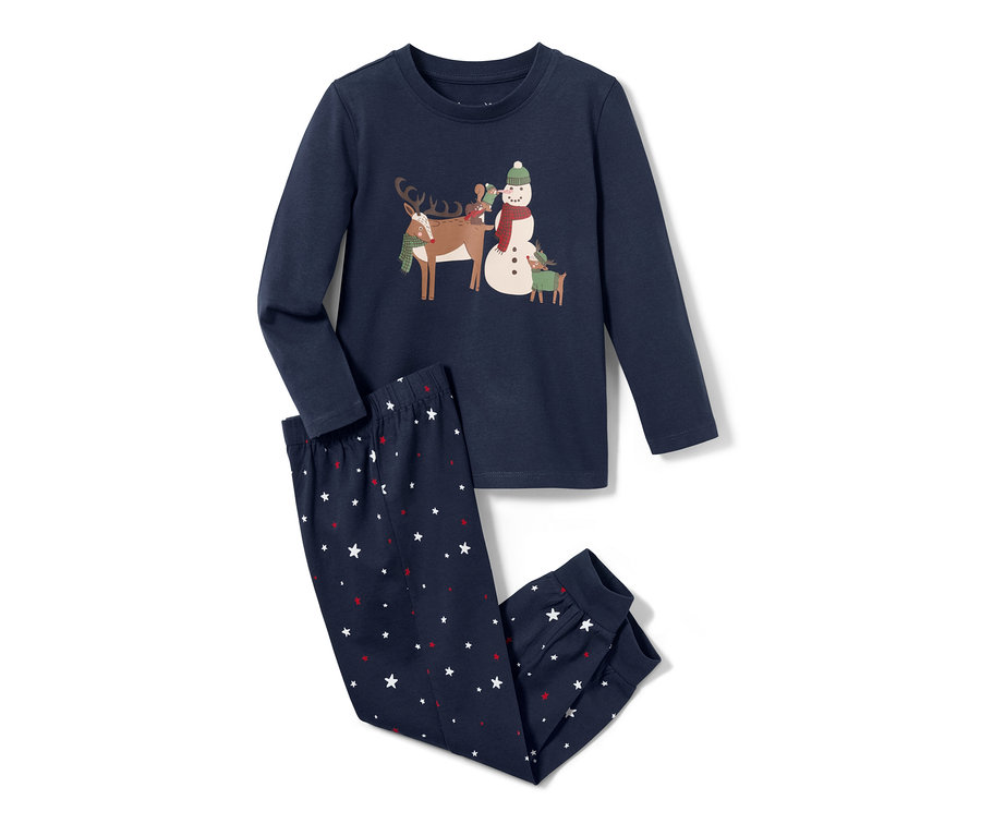 Pyjama en jersey bleu foncé pour tout-petit avec motif renne, bonhomme de neige et étoiles.