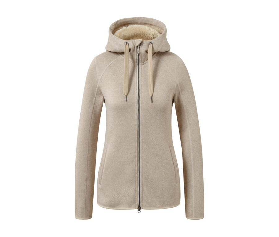 Jaquette en maille polaire à capuche couleur sable.