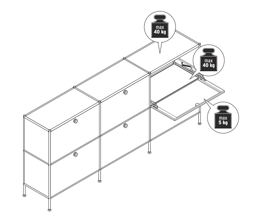 Schéma d'un buffet bas « CN3 » avec 6 abattants, dont certains sont ouverts.