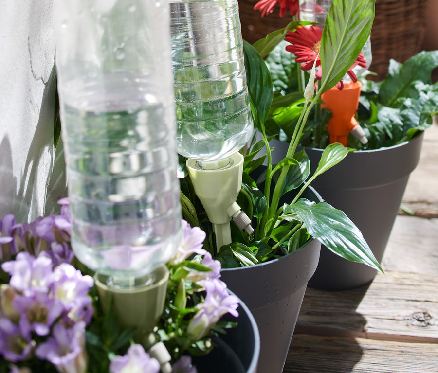 Pots de fleurs avec des fleurs bleues et rouges et 3 goutteurs d’arrosage avec des bouteilles en plastique.