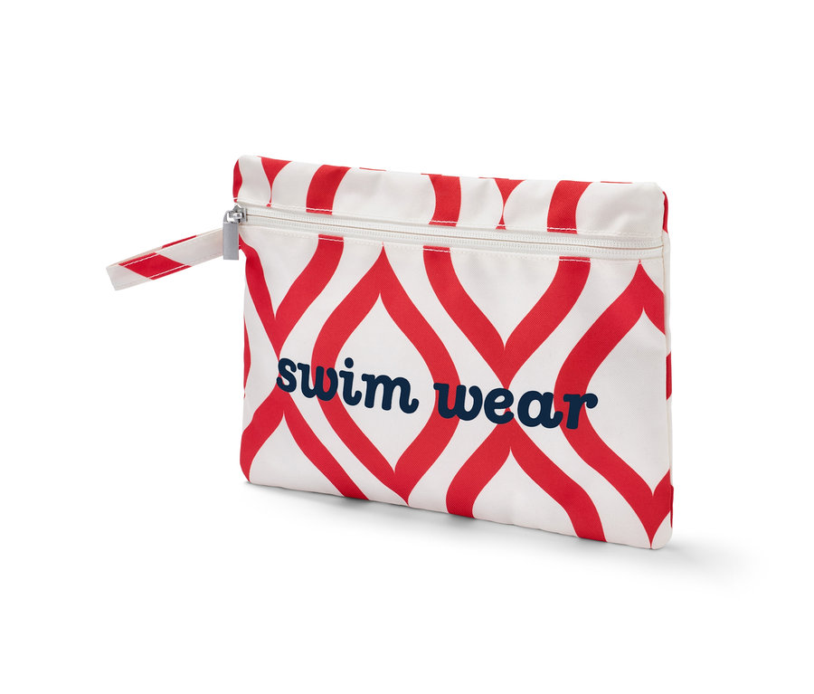 Sac bikini blanc avec motif rouge et l'inscription "swim wear".