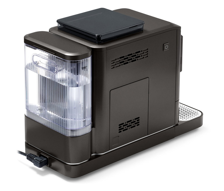 Gros plan sur une machine à café « Esperto 2 Milk » Granite Black avec réservoir d'eau transparent.