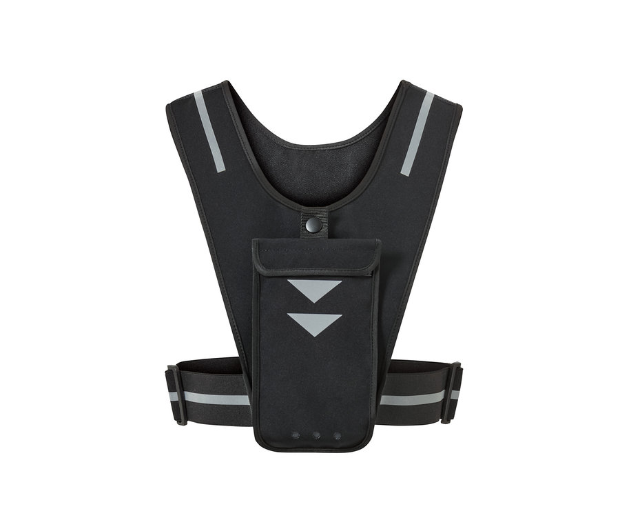 Gilet de course à pied smartphone noir avec réflecteurs.