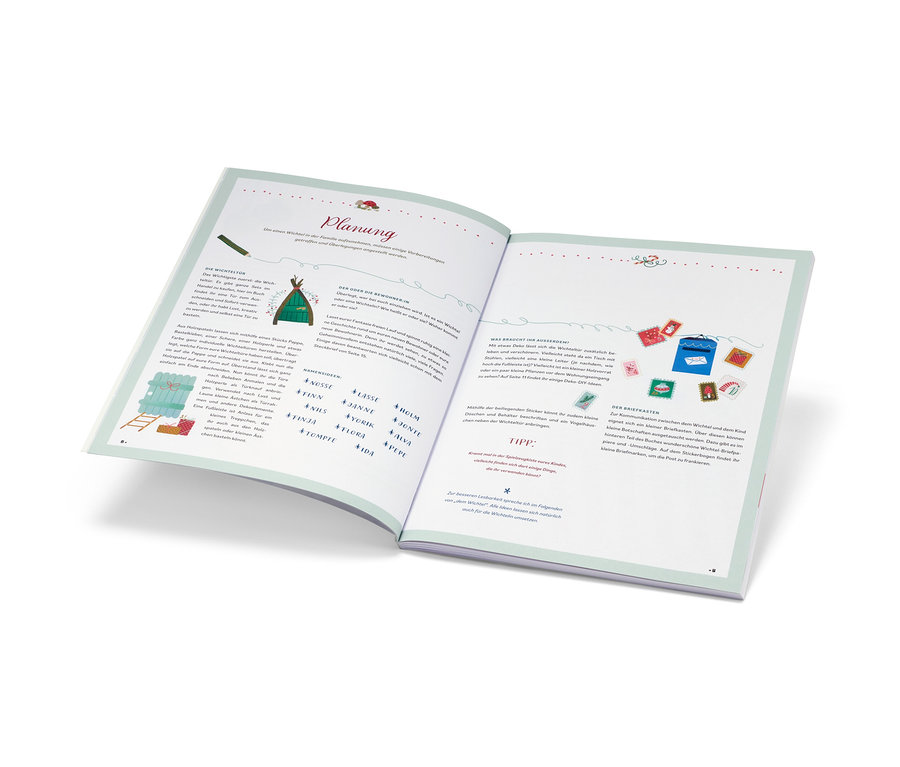 Un livre ouvert montre des pages avec des illustrations et du texte sur la planification. Livre « Hurra, ein Wichtel zieht ein! » (en allemand) visible.